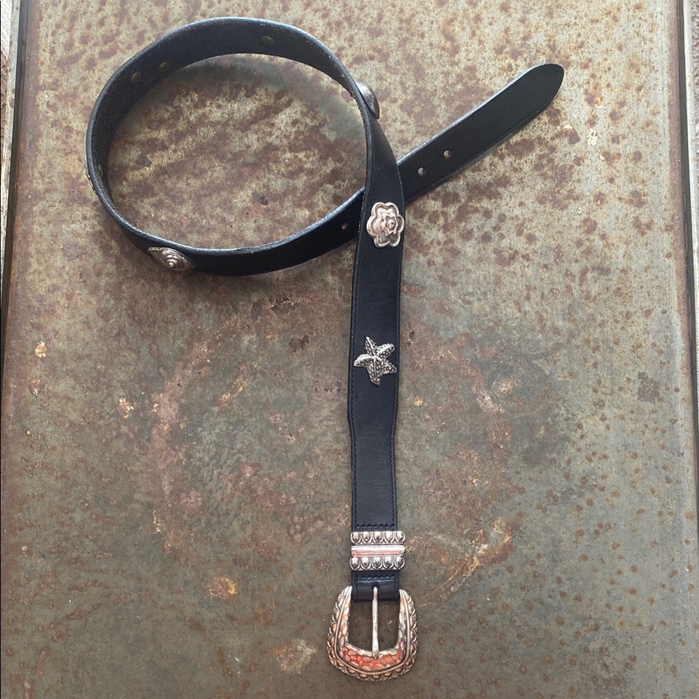 Brighton VTG (1995) Black Leather Belt with Seashell & Flower Accents. 30